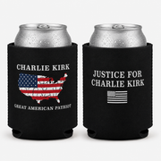 Charlie Kirk Great American Patriot Can Cooler Black - Front and Back - PatriotDepot.com