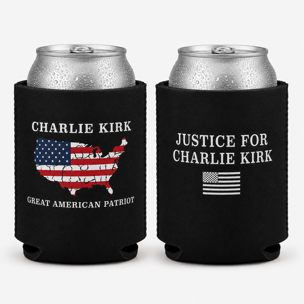Charlie Kirk Great American Patriot Can Cooler Black - Front and Back - PatriotDepot.com