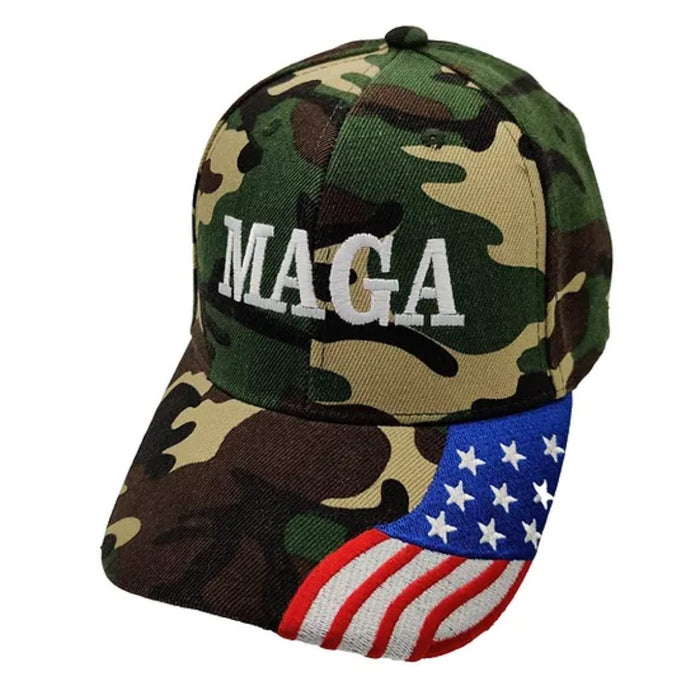 MAGA Custom Embroidered Hat w/Flag Bill (Camo)