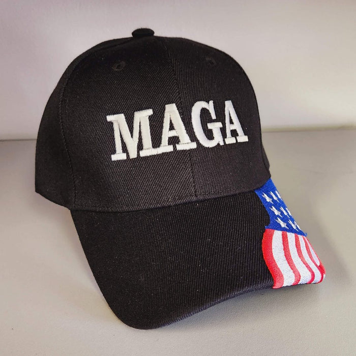 MAGA Custom Embroidered Hat w/Flag Bill (Black)