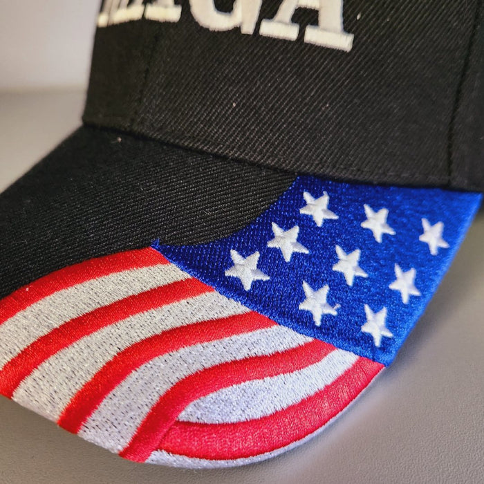 MAGA Custom Embroidered Hat w/Flag Bill (Black)