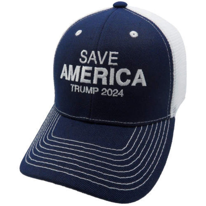 Save America Trump 2024 Embroidered Trucker-Style Hat (Blue/White)