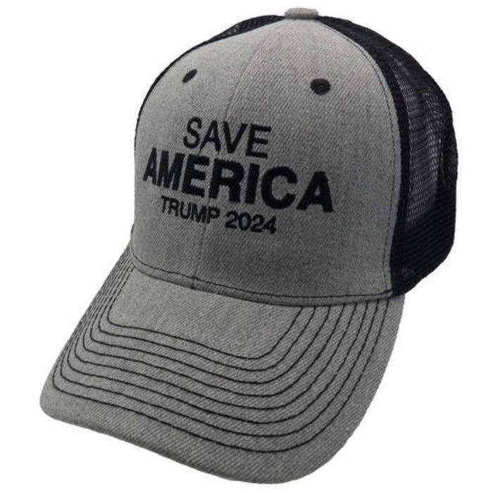 Save America Trump 2024 Embroidered Trucker-Style Hat (Grey/Black)