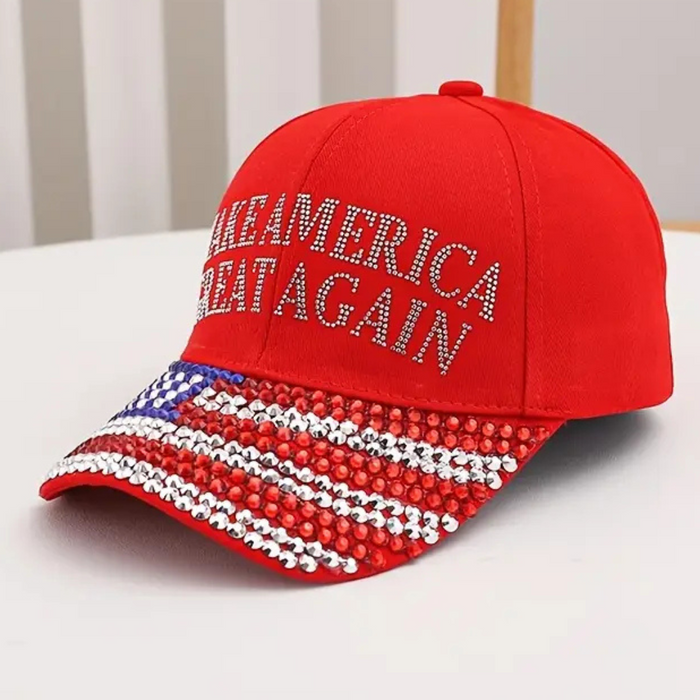 Make America Great Again Rhinestone Flag Hat (Red)