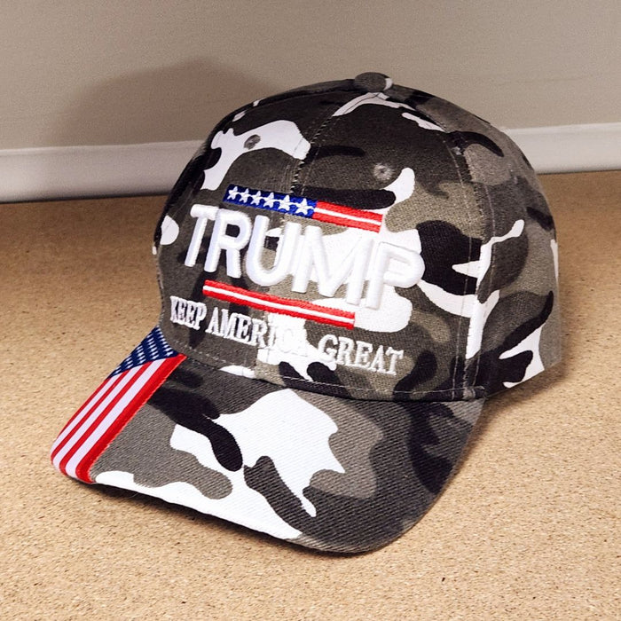 Premium Trump Keep America Great Custom Embroidered Hat (Camo w/Flag bill)