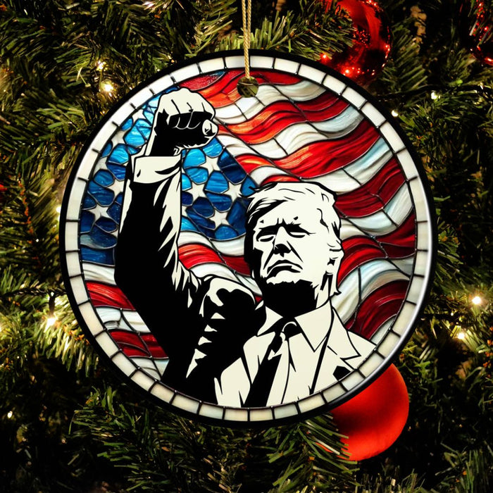 Trump USA "Fight" Stained Glass Design Ornament (In velvet pouch)