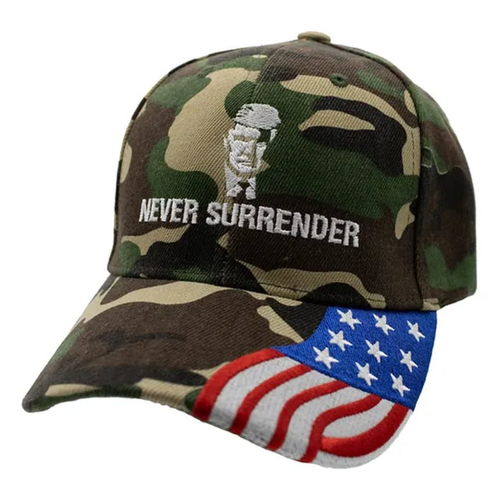 Trump Mugshot Never Surrender Embroidered Hat w/Flag Bill (Camo)
