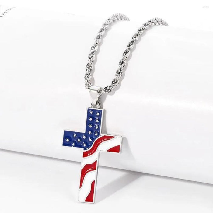 Stainless Steel American Flag Cross Necklace