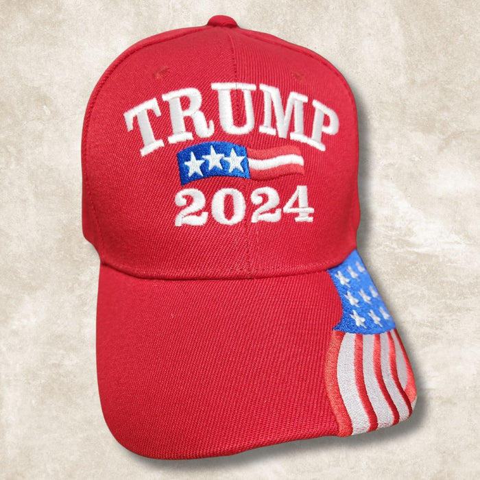 Trump 2024 Custom Embroidered Hat w/Flag Bill (Red)