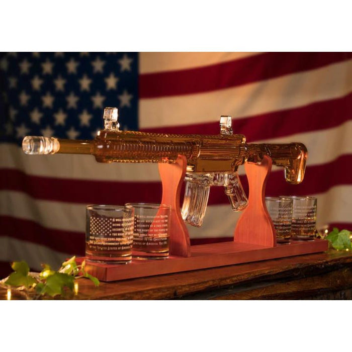 AR15 Glass Decanter and 2A Whiskey Glass Set (4 Glasses)