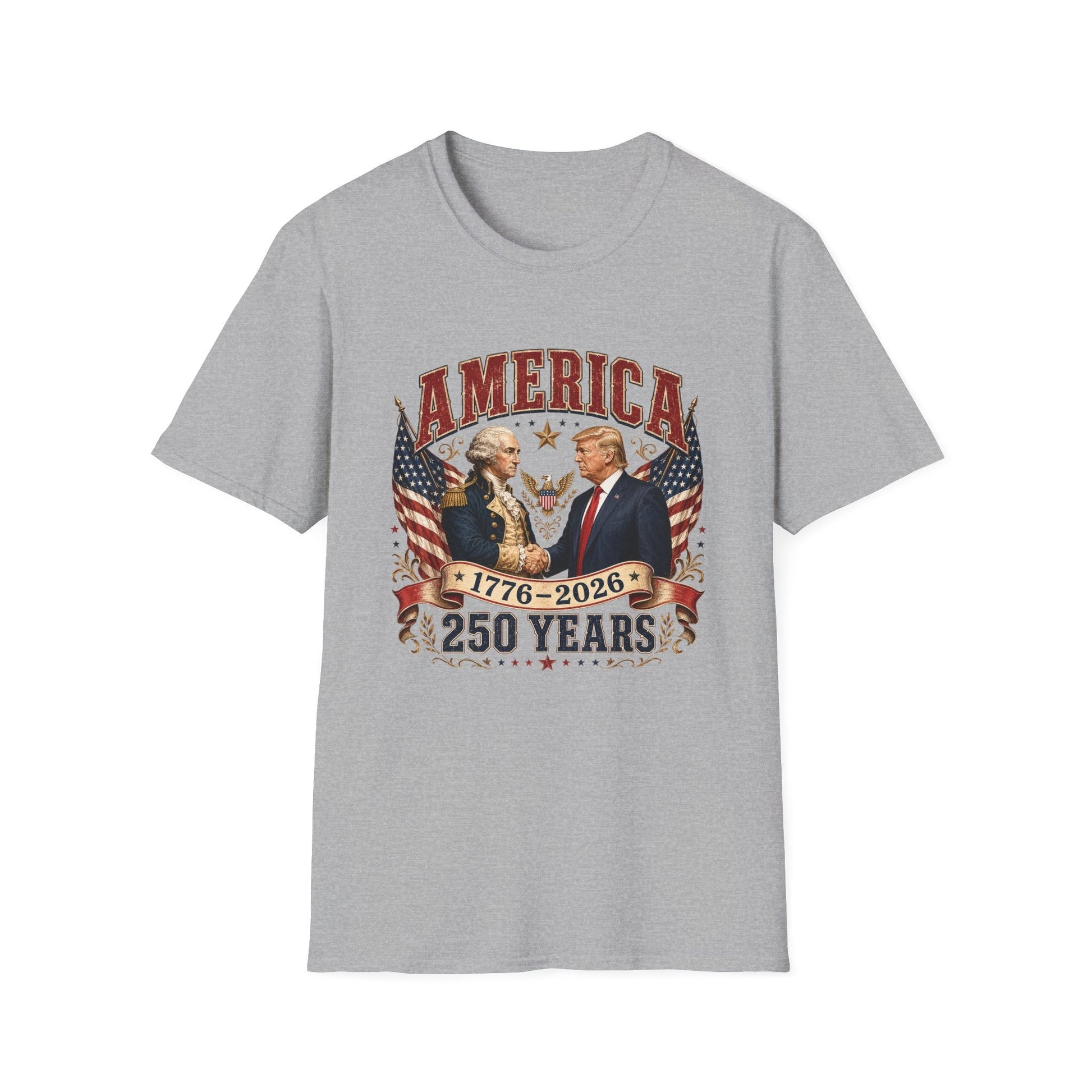 America 1776–2026: 250 Years Strong T-Shirt | Washington–Trump Edition - PatriotDepot.com