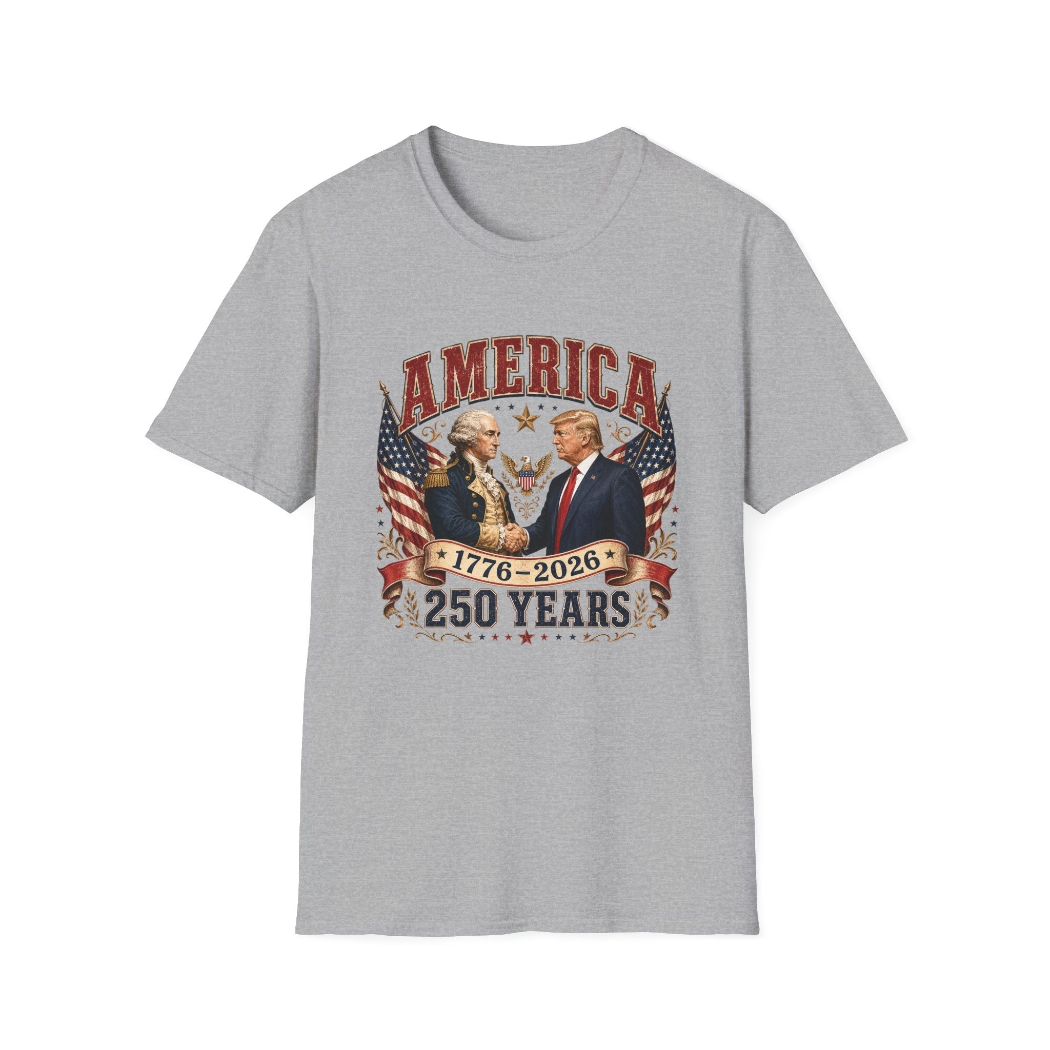 America 1776–2026: 250 Years Strong T-Shirt | Washington–Trump Edition - PatriotDepot.com