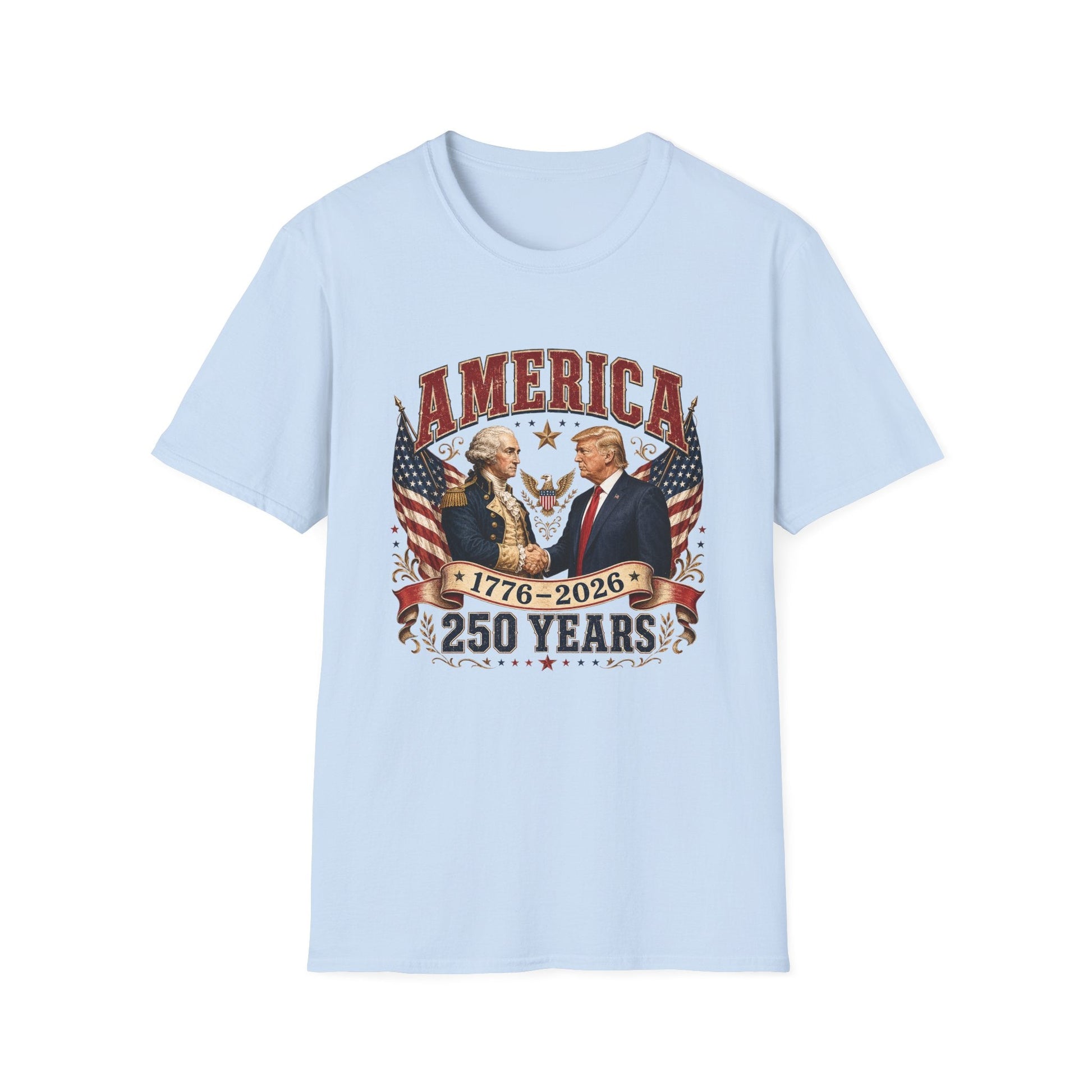 America 1776–2026: 250 Years Strong T-Shirt | Washington–Trump Edition - PatriotDepot.com