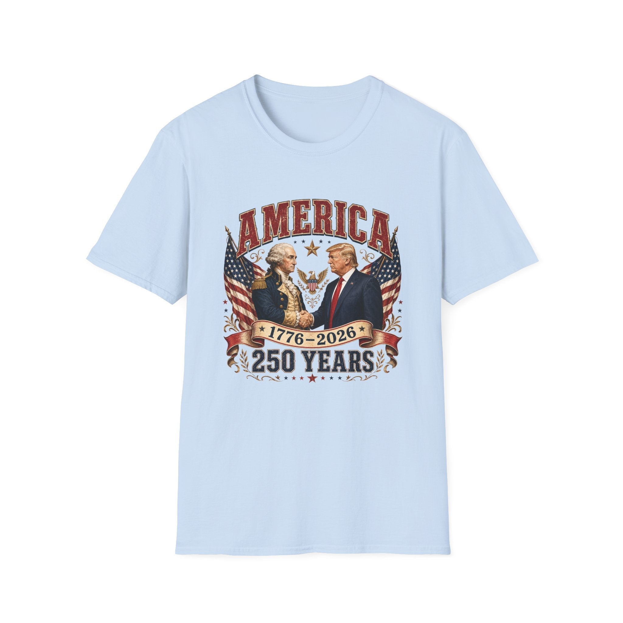 America 1776–2026: 250 Years Strong T-Shirt | Washington–Trump Edition - PatriotDepot.com