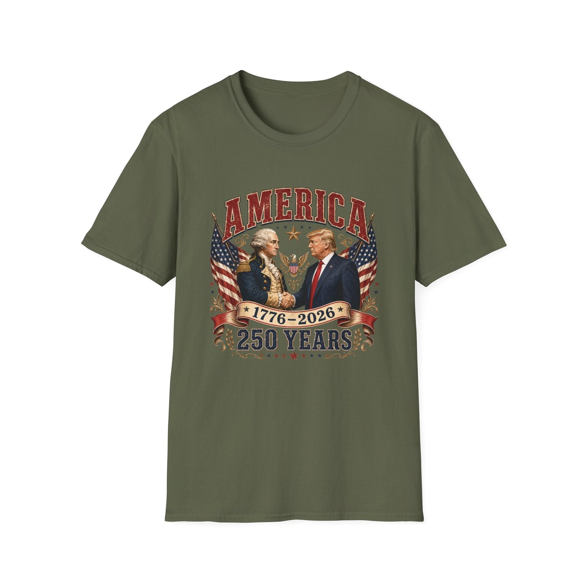 America 1776–2026: 250 Years Strong T-Shirt | Washington–Trump Edition - PatriotDepot.com