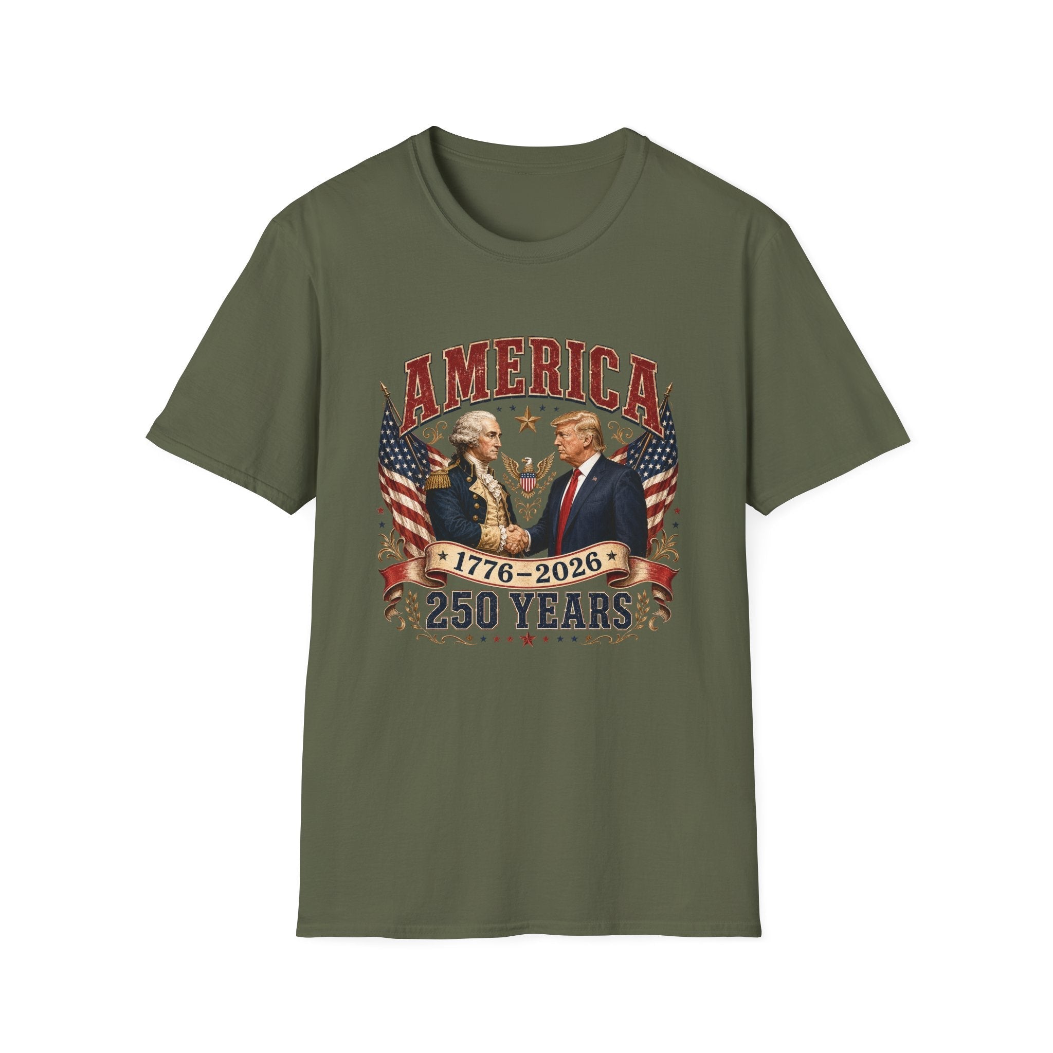 America 1776–2026: 250 Years Strong T-Shirt | Washington–Trump Edition - PatriotDepot.com