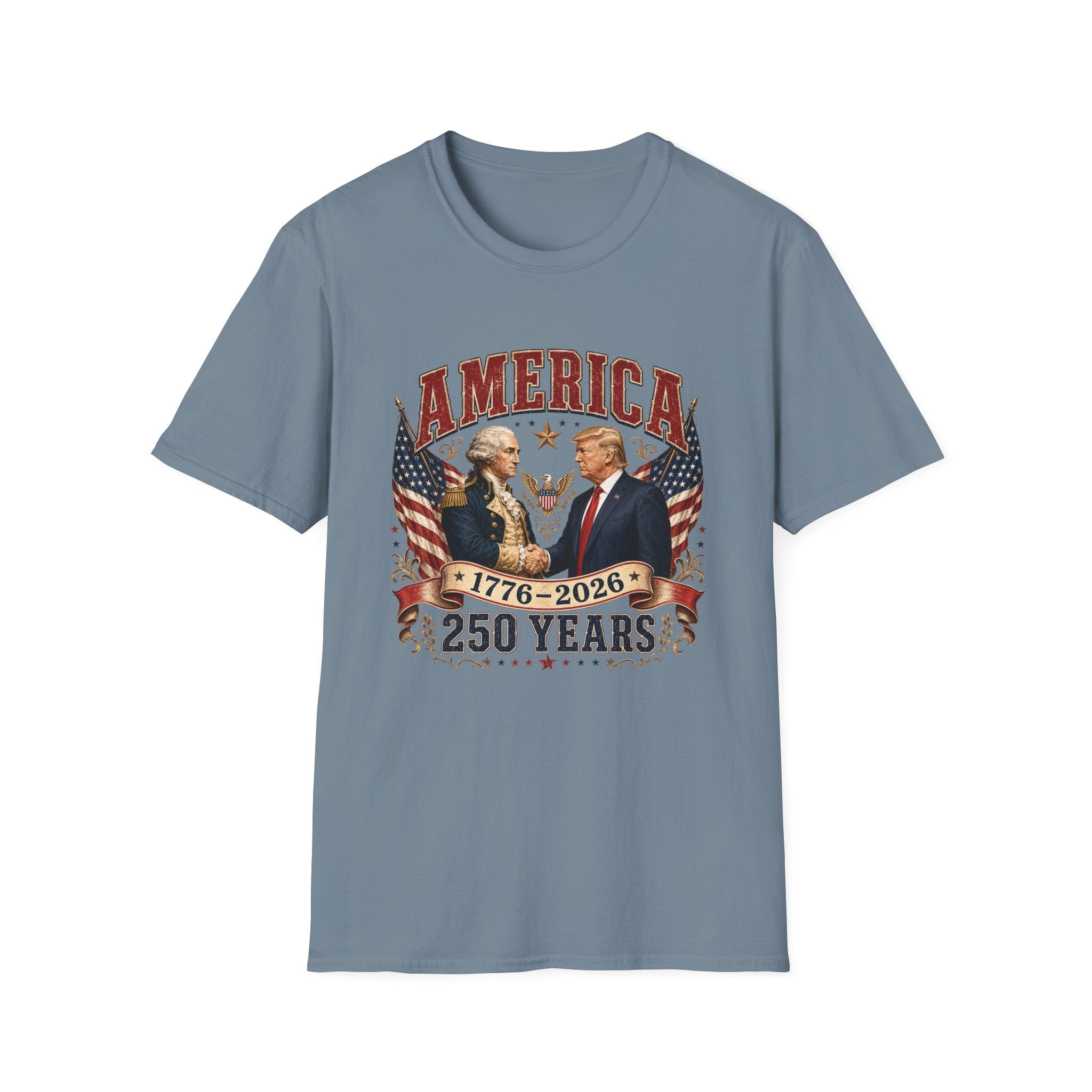 America 1776–2026: 250 Years Strong T-Shirt | Washington–Trump Edition - PatriotDepot.com