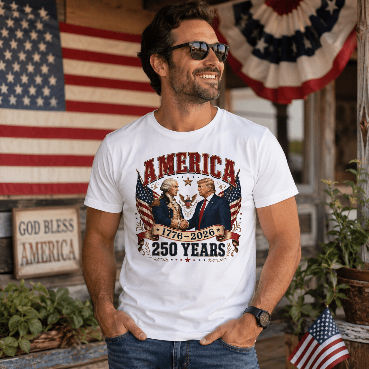 America 1776–2026: 250 Years Strong T-Shirt | Washington–Trump Edition - PatriotDepot.com