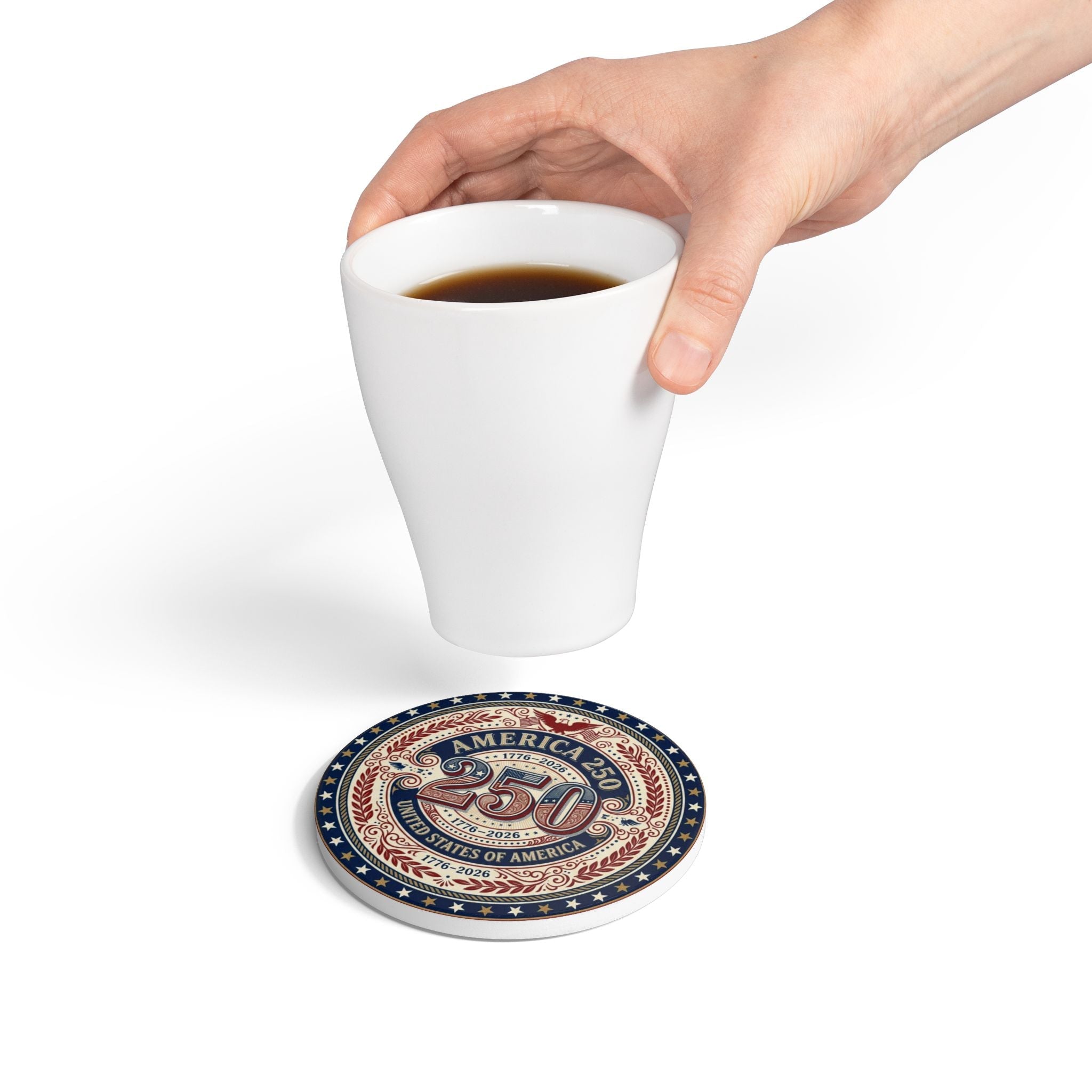 America 250 Ceramic Coaster — 1776–2026 Patriotic USA Anniversary (1pc) - PatriotDepot.com