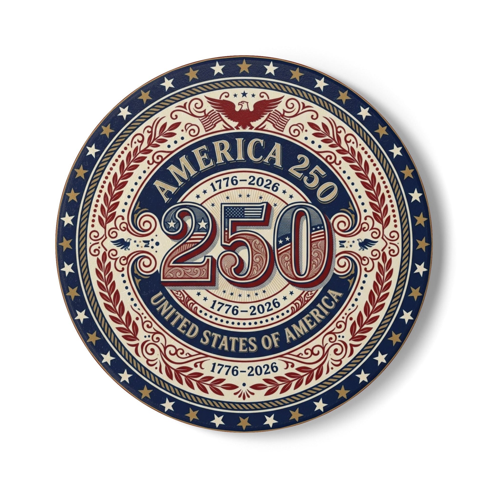 America 250 Ceramic Coaster — 1776–2026 Patriotic USA Anniversary (1pc) - PatriotDepot.com