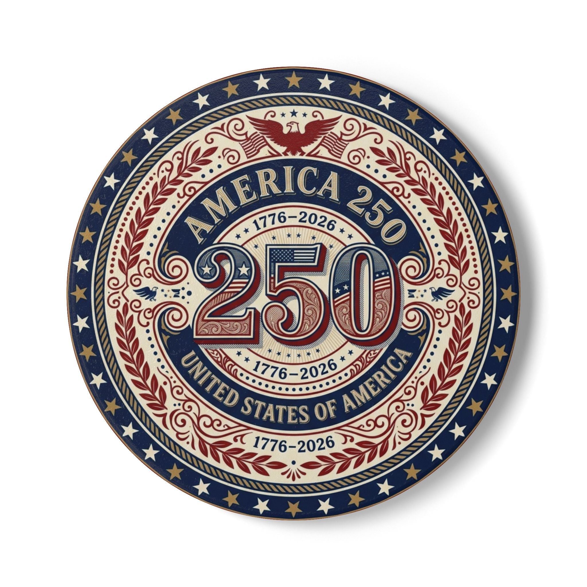 America 250 Ceramic Coaster — 1776–2026 Patriotic USA Anniversary (1pc) - PatriotDepot.com