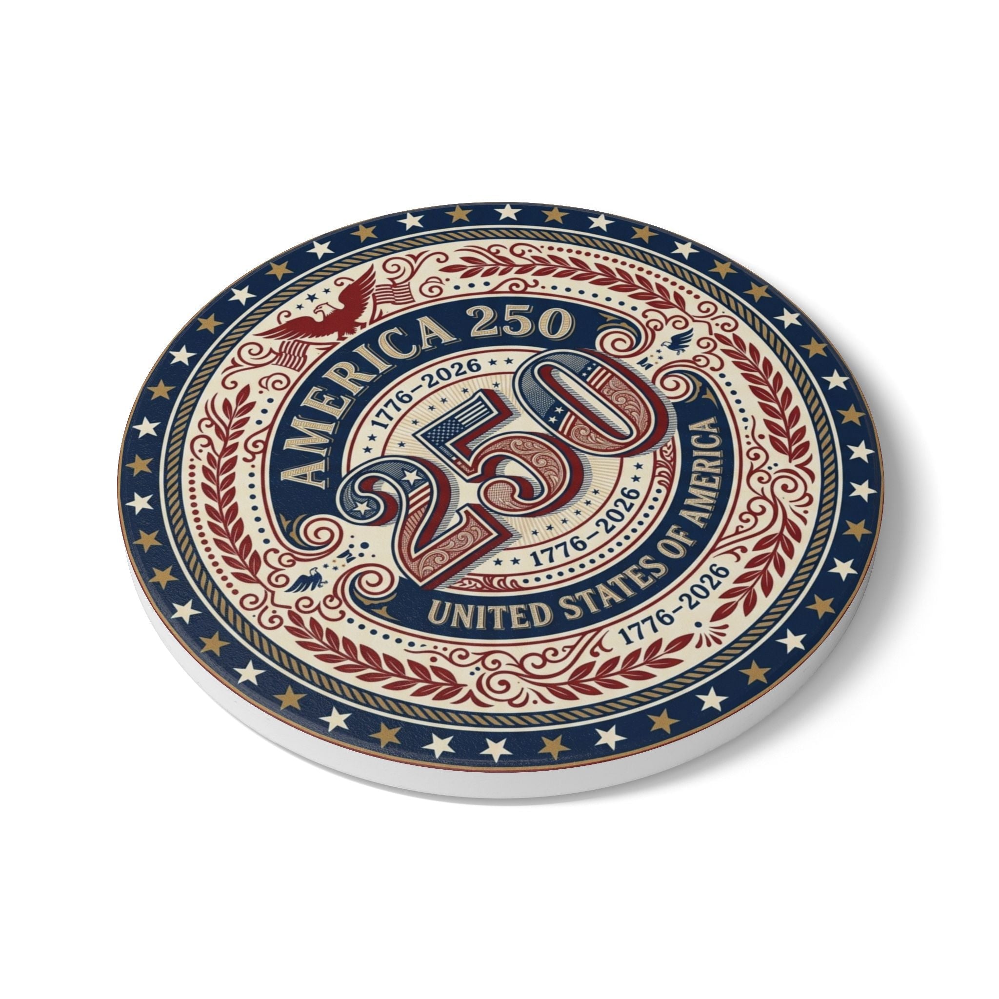 America 250 Ceramic Coaster — 1776–2026 Patriotic USA Anniversary (1pc) - PatriotDepot.com