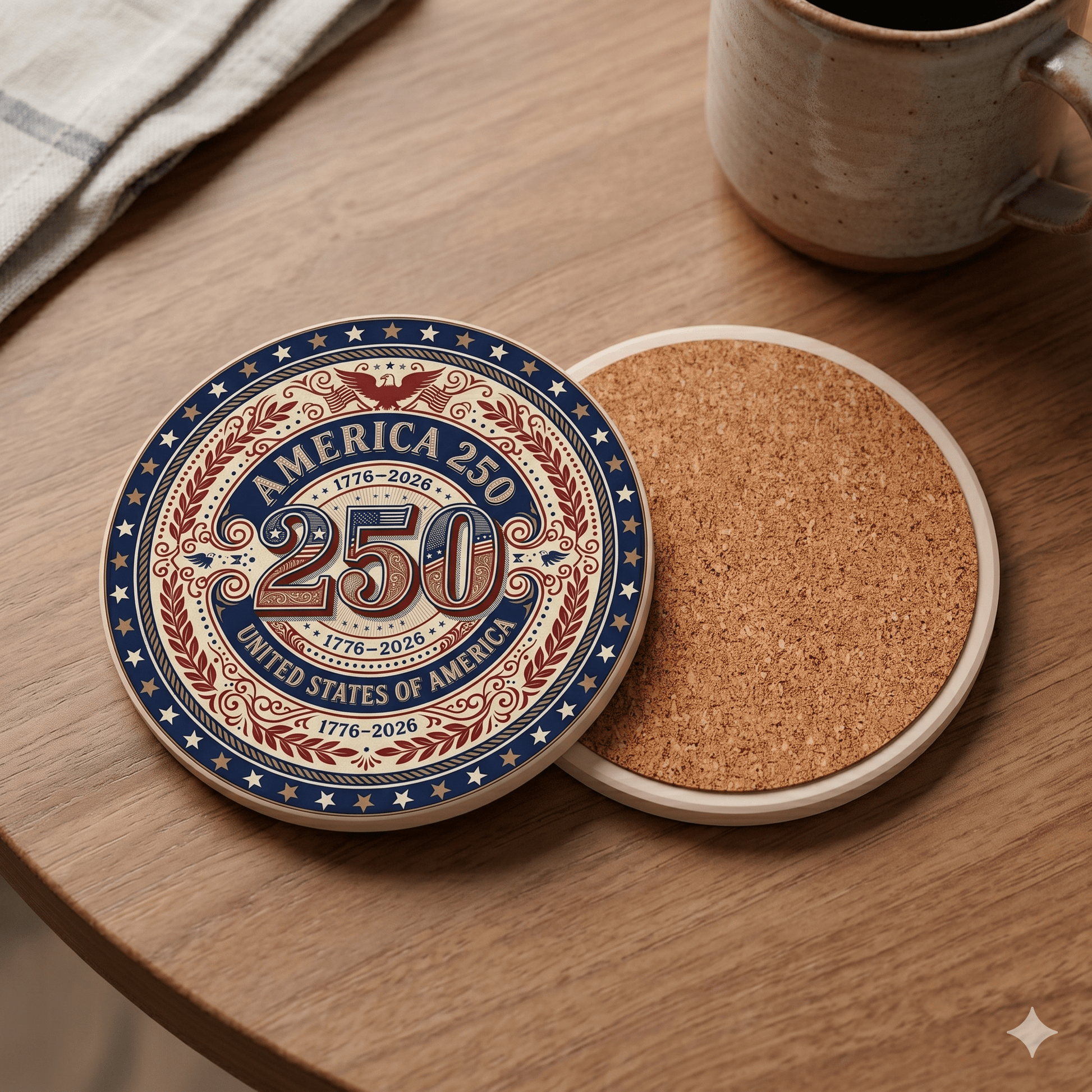 America 250 Ceramic Coaster — 1776–2026 Patriotic USA Anniversary (1pc) - PatriotDepot.com