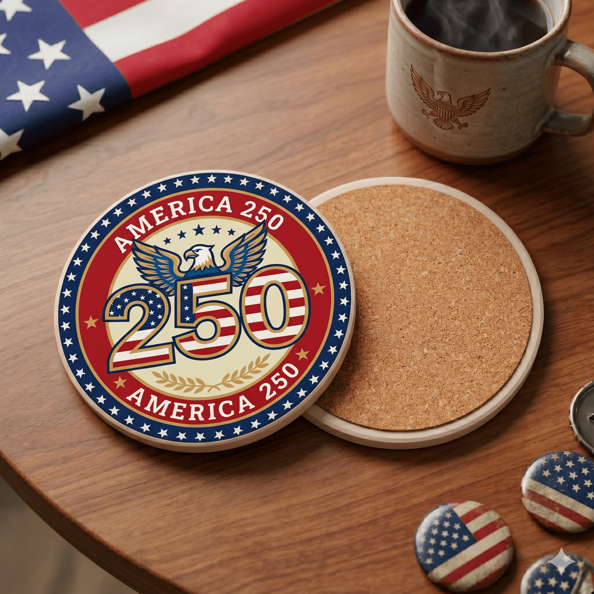 America 250 Patriotic Ceramic Coaster — USA Anniversary Eagle Flag Design (1 pc) - PatriotDepot.com