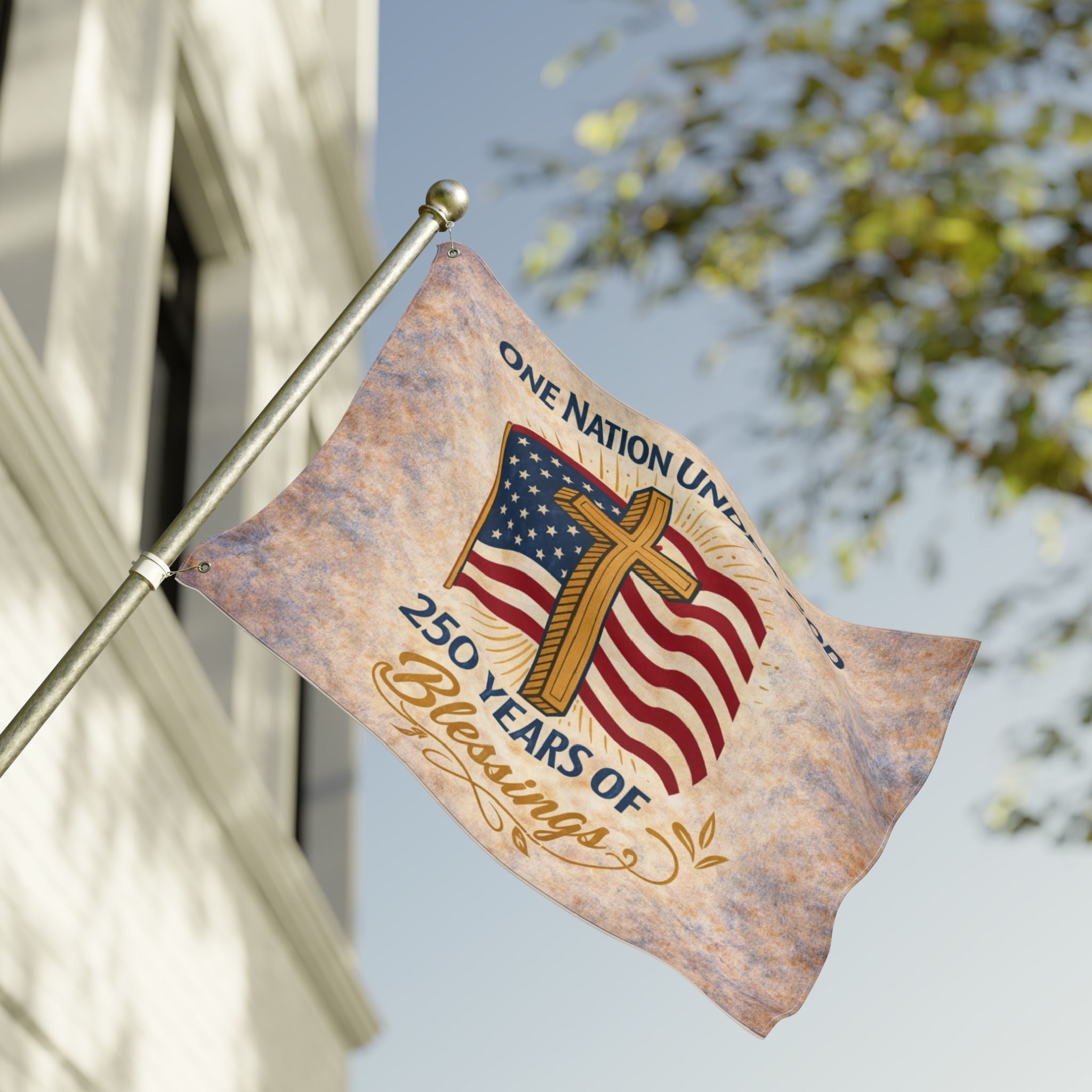 America: 250 Years of Blessings “One Nation Under God” Flag & Cross Patriotic Flag (Double - Sided) - PatriotDepot.com