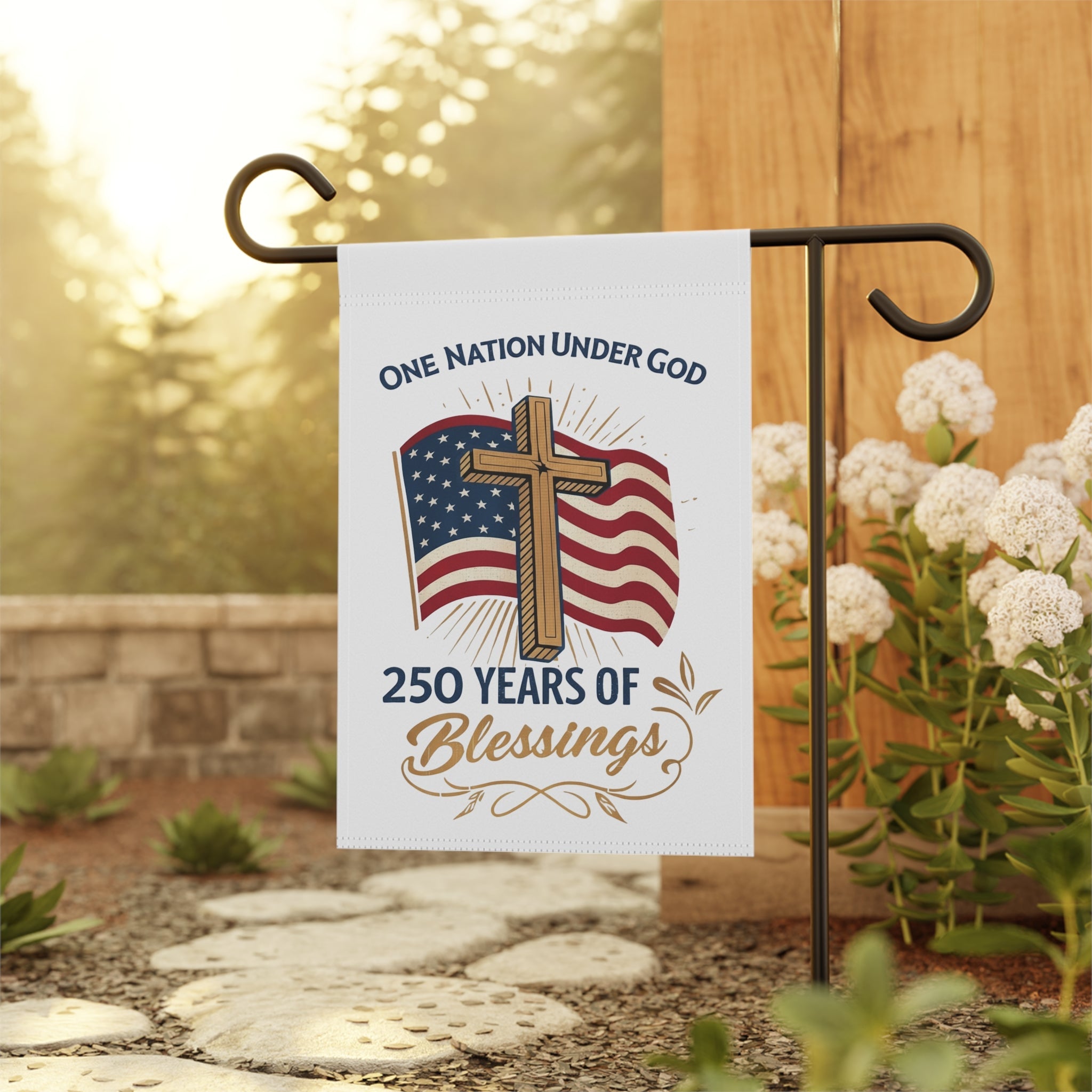 America: 250 Years of Blessings “One Nation Under God” Flag & Cross Patriotic Garden Flag (Double - Sided) - PatriotDepot.com