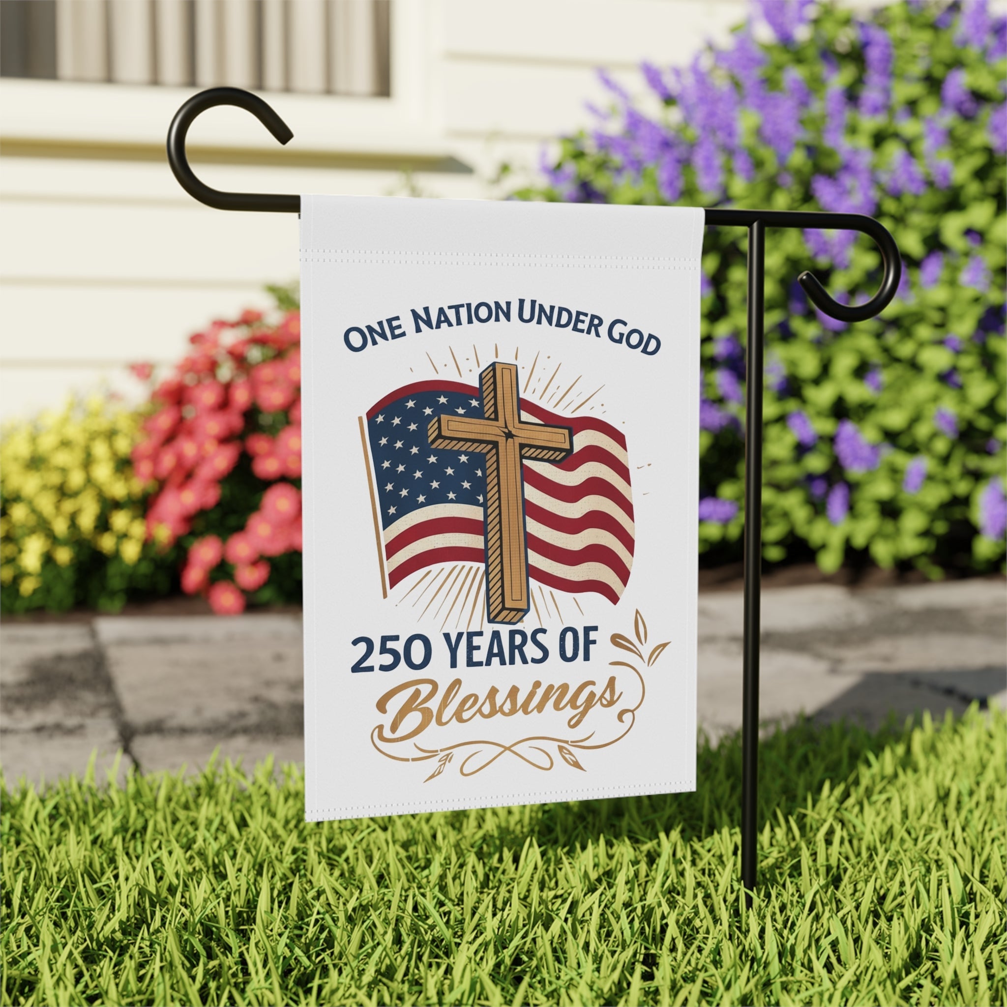 America: 250 Years of Blessings “One Nation Under God” Flag & Cross Patriotic Garden Flag (Double - Sided) - PatriotDepot.com