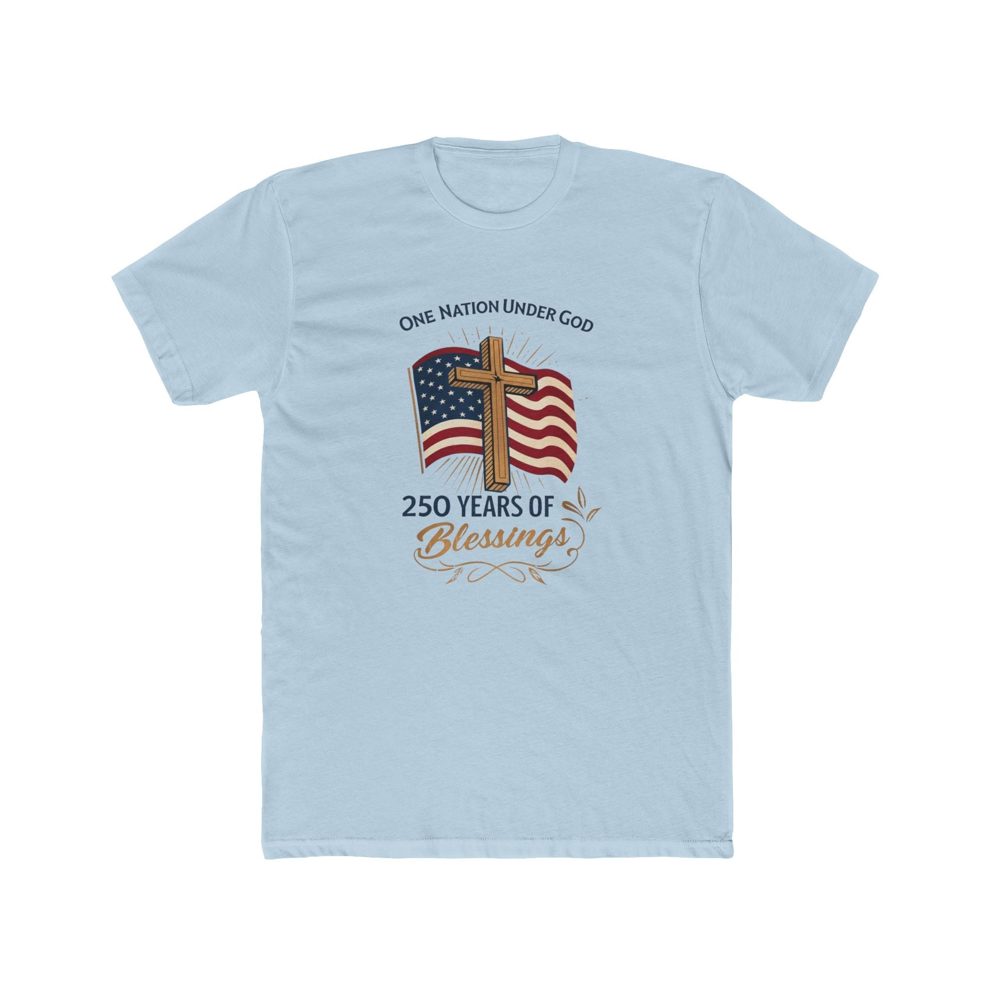 America: 250 Years of Blessings “One Nation Under God” Flag & Cross Patriotic T-Shirt - PatriotDepot.com