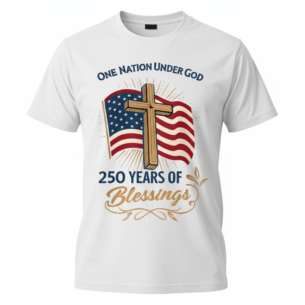 America: 250 Years of Blessings “One Nation Under God” Flag & Cross Patriotic T-Shirt - PatriotDepot.com