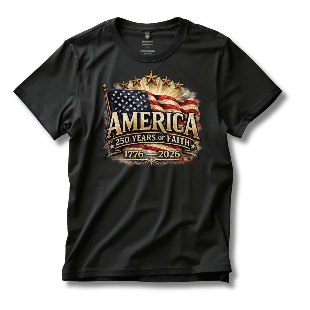 America 250 Years of Faith — 1776–2026 Patriotic Flag T-Shirt - PatriotDepot.com