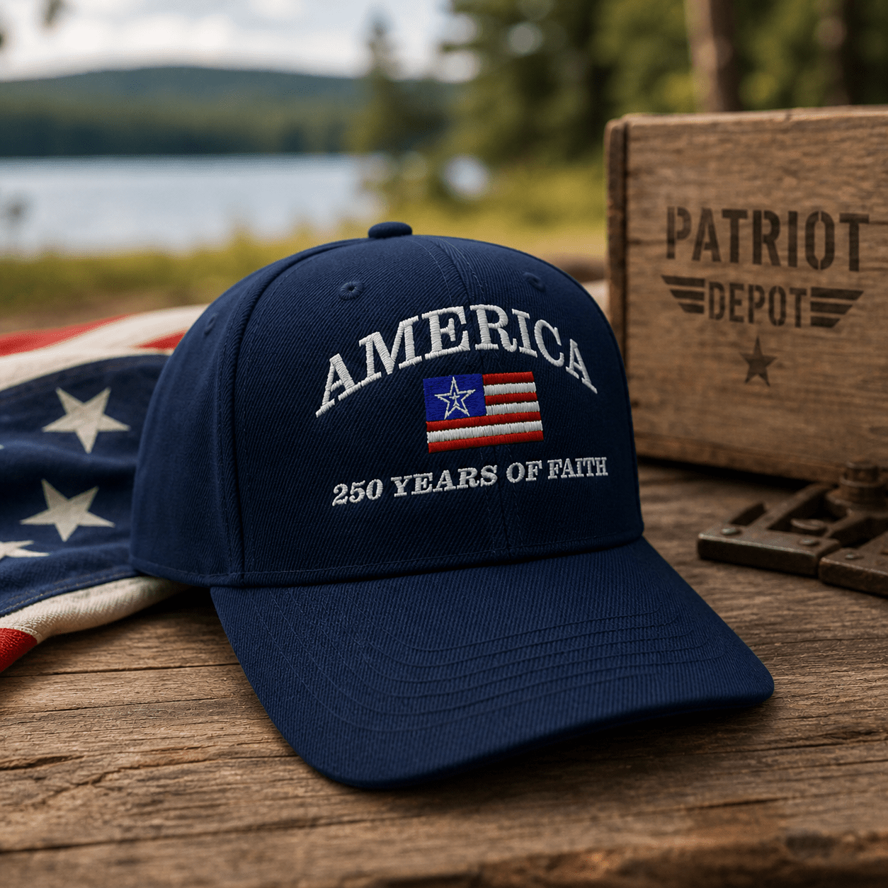 America “250 Years of Faith” Premium Embroidered Hat (Navy) - PatriotDepot.com
