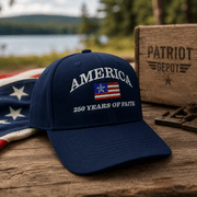 America “250 Years of Faith” Premium Embroidered Hat (Navy) - PatriotDepot.com