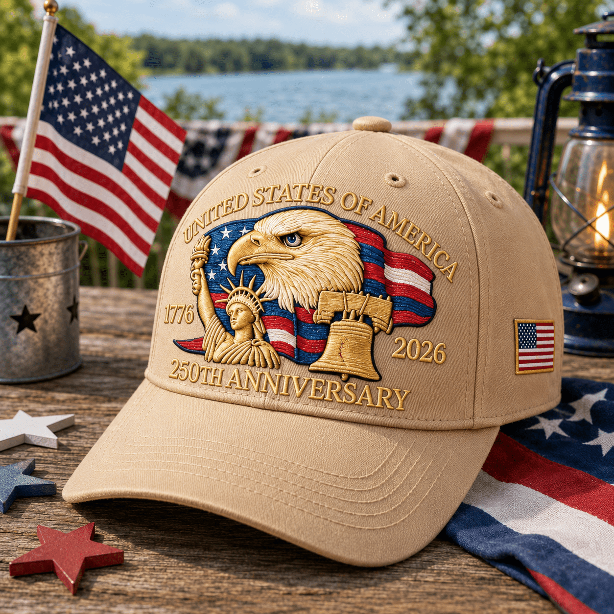 America 250th: 1776–2026 Commemorative Hat – Limited Patriotic Embroidered Edition (Khaki) - PatriotDepot.com