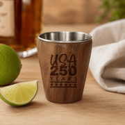 America 250th Anniversary Acacia Wood Shot Glass – Engraved Patriotic Barware - PatriotDepot.com
