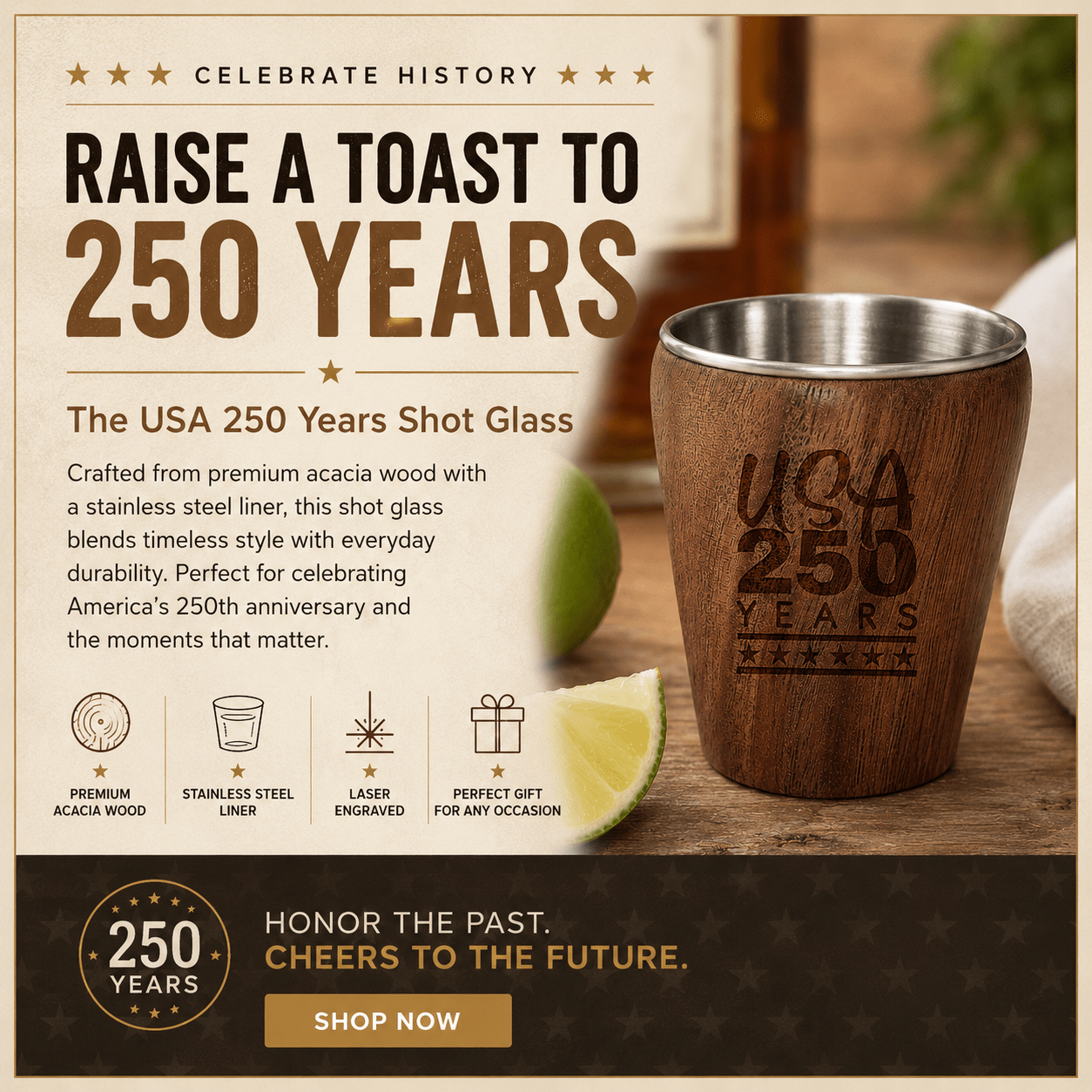America 250th Anniversary Acacia Wood Shot Glass – Engraved Patriotic Barware - PatriotDepot.com