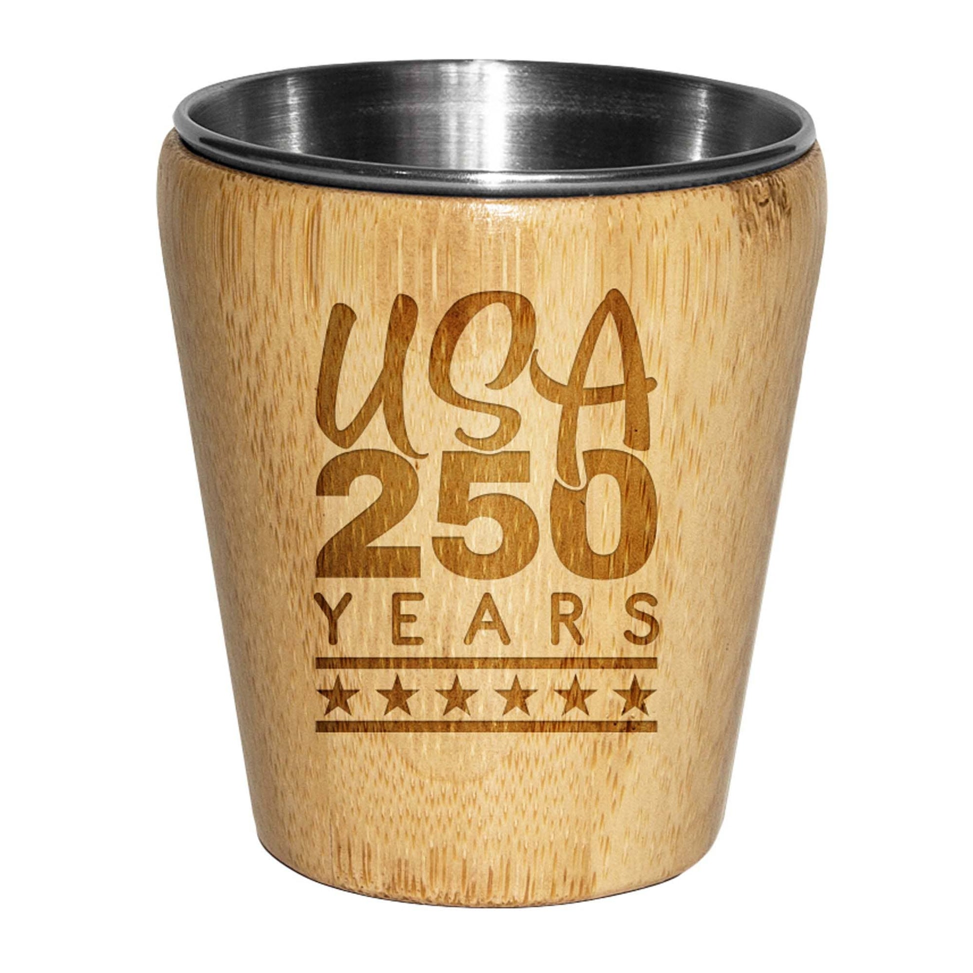 America 250th Anniversary Bamboo Shot Glass – Engraved Patriotic Barware - PatriotDepot.com