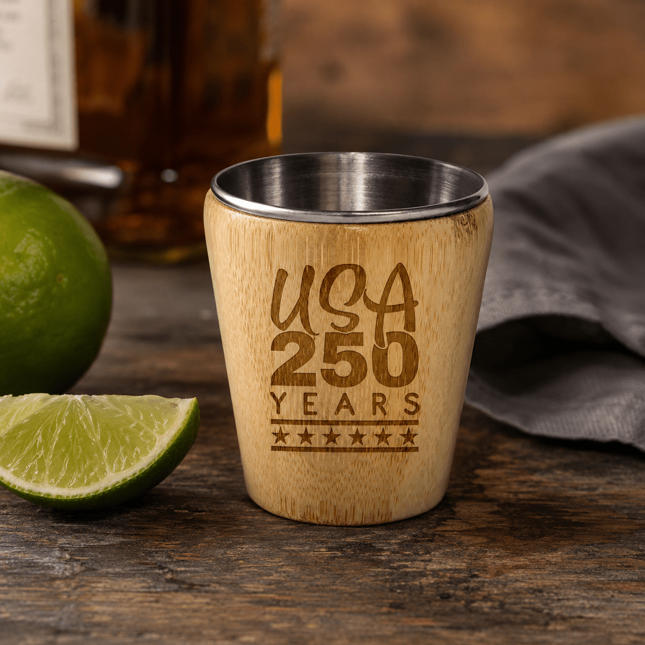 America 250th Anniversary Bamboo Shot Glass – Engraved Patriotic Barware - PatriotDepot.com