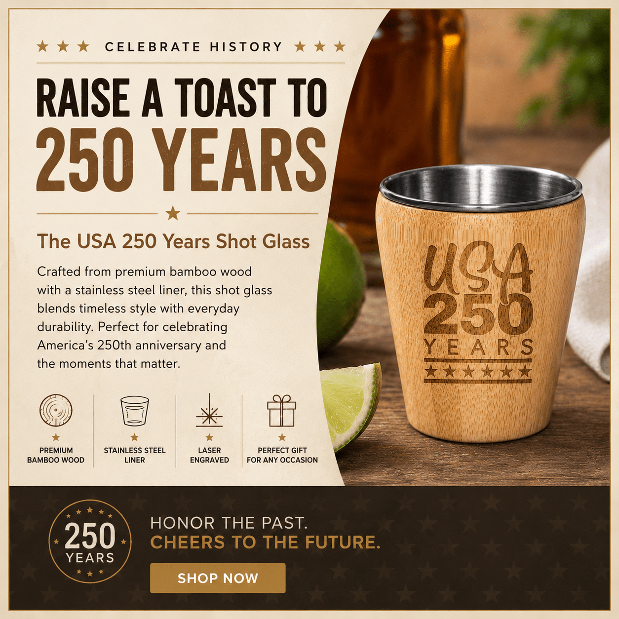 America 250th Anniversary Bamboo Shot Glass – Engraved Patriotic Barware - PatriotDepot.com
