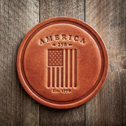 America 250th Anniversary Flag Leather Coaster | Handcrafted Solid Leather | 4" - PatriotDepot.com