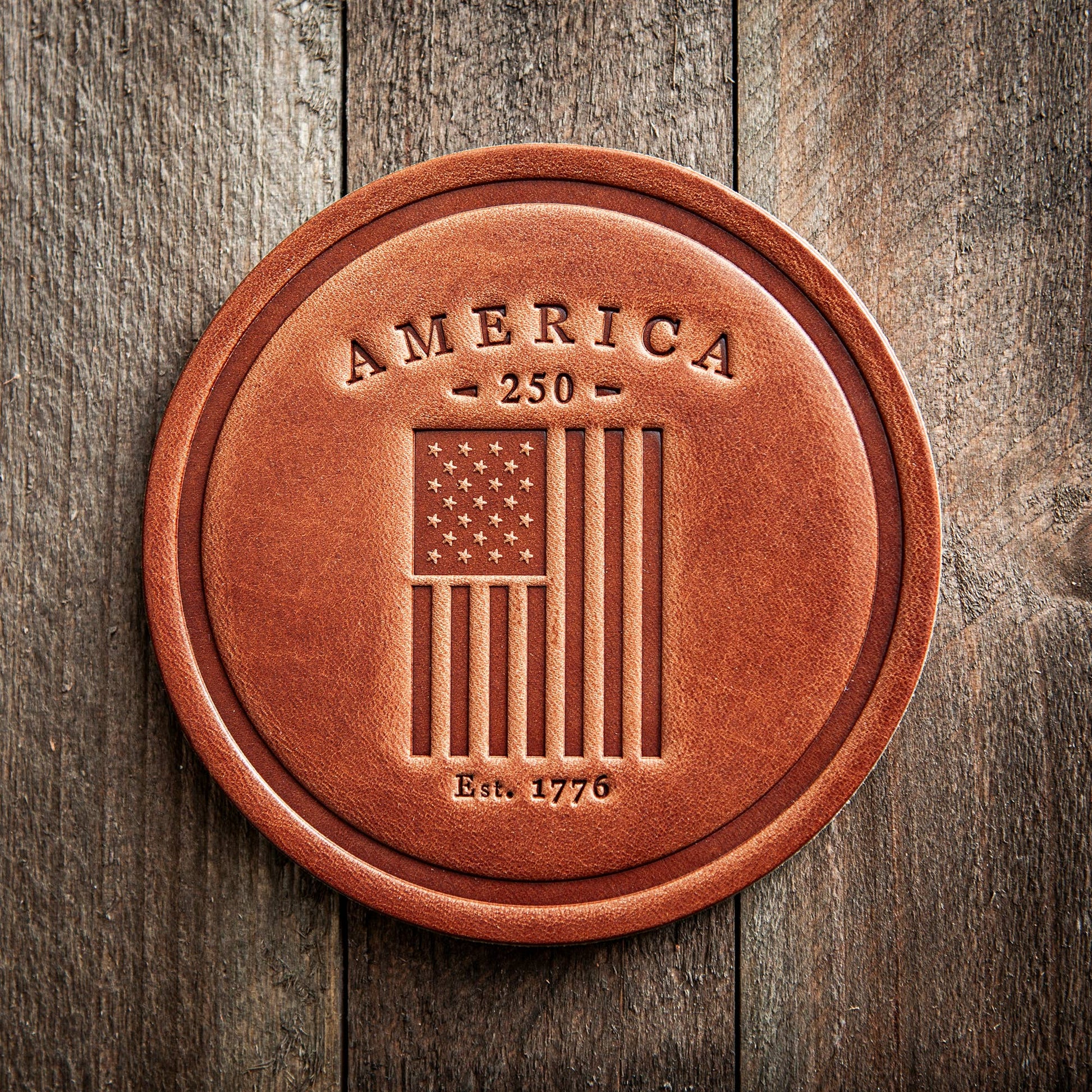 America 250th Anniversary Flag Leather Coaster | Handcrafted Solid Leather | 4" - PatriotDepot.com