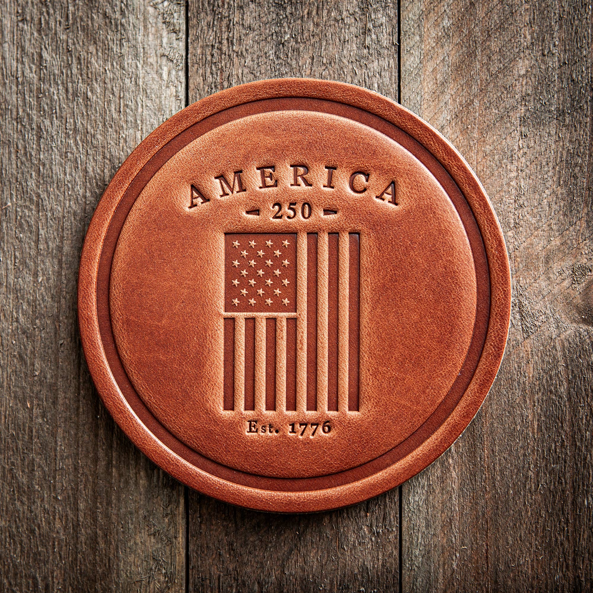America 250th Anniversary Flag Leather Coaster | Handcrafted Solid Leather | 4" - PatriotDepot.com
