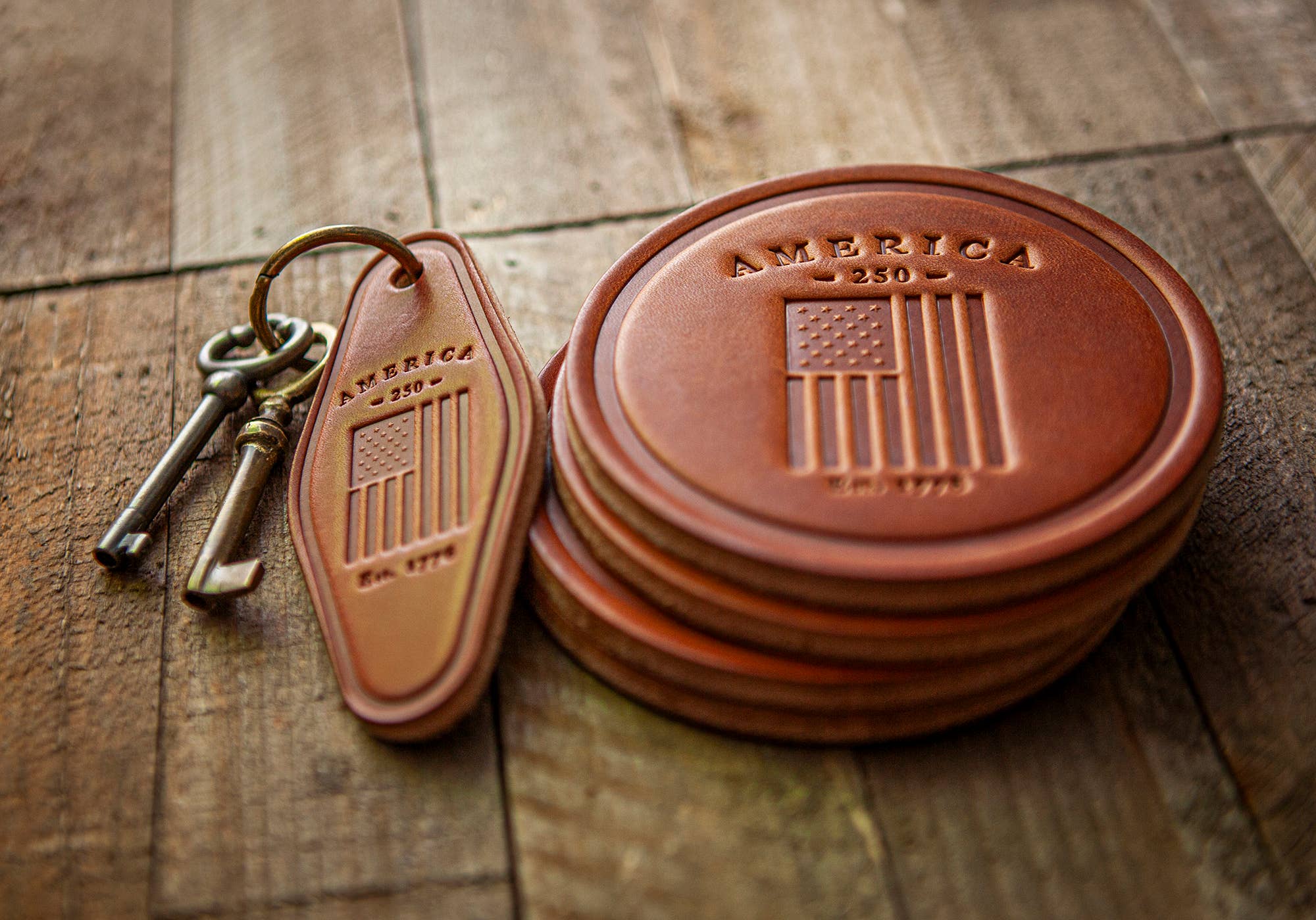 America 250th Anniversary Flag Leather Keychain | Motel Style | Handcrafted - PatriotDepot.com