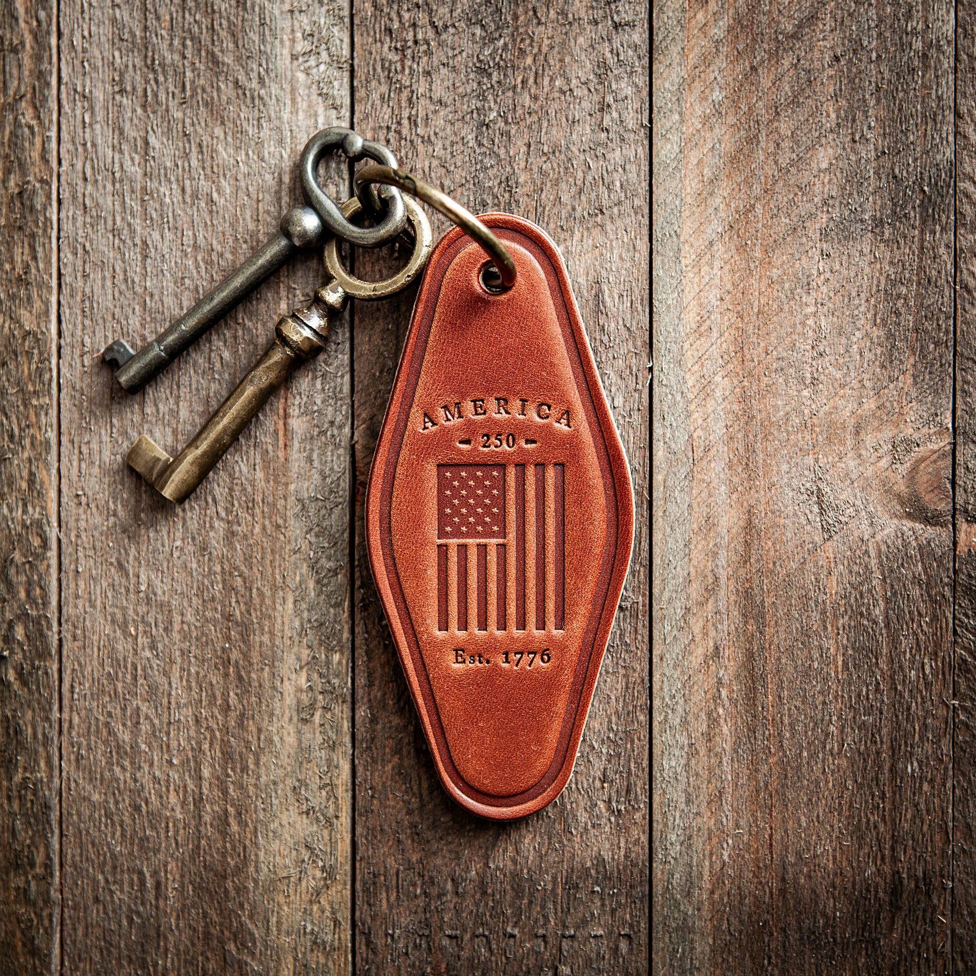 America 250th Anniversary Flag Leather Keychain | Motel Style | Handcrafted - PatriotDepot.com