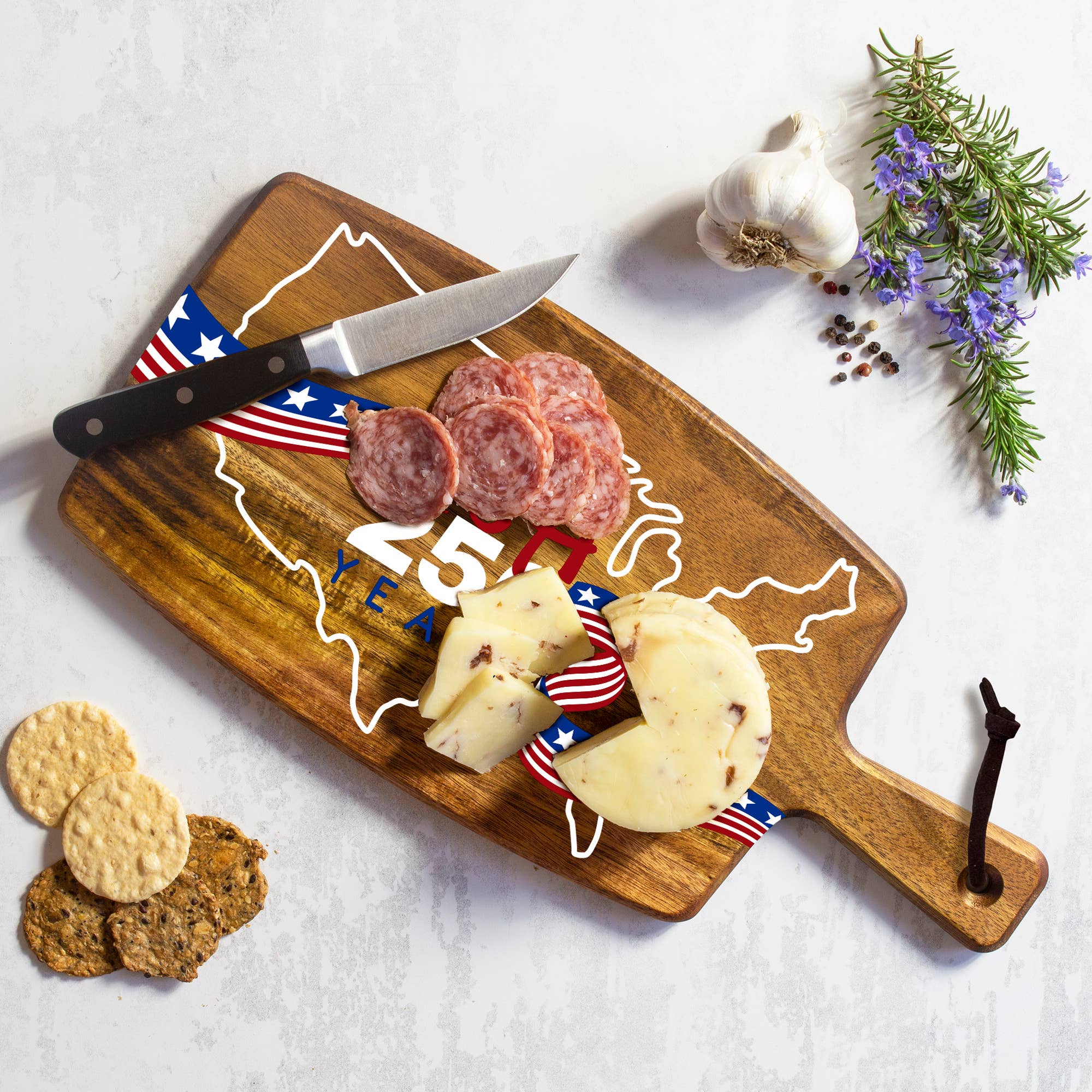 America 250th Anniversary Full - Color Acacia Wood Charcuterie & Serving Board | 15 - 1/2" x 7 - 3/8" - PatriotDepot.com