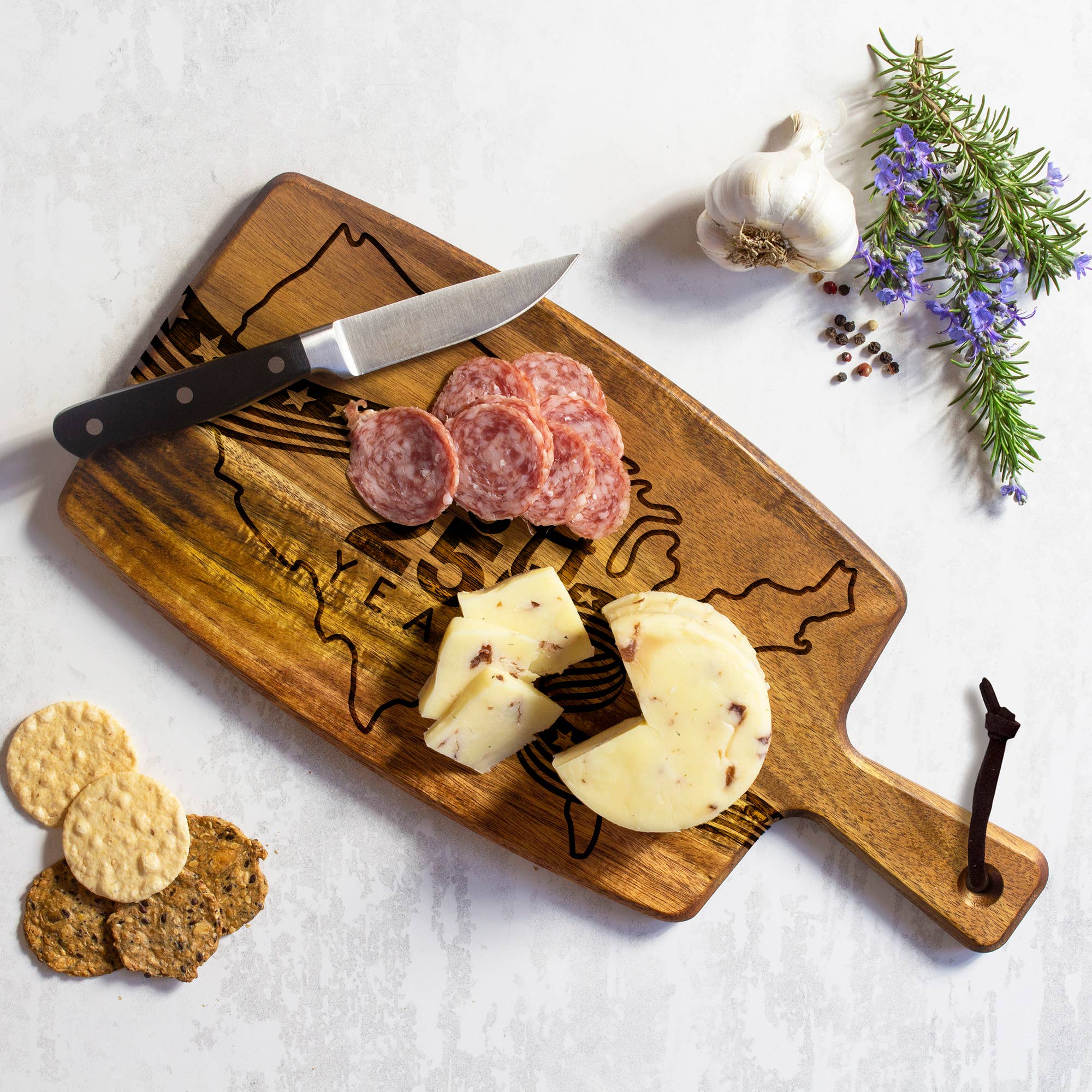 America 250th Anniversary Laser - Engraved Acacia Wood Charcuterie & Serving Board | 15 - 1/2" x 7 - 3/8" - PatriotDepot.com