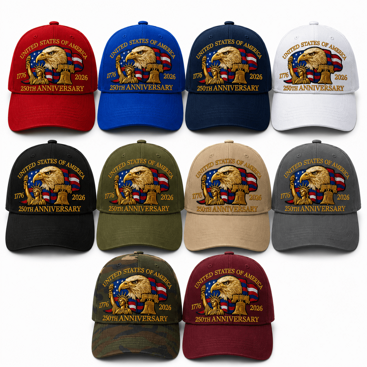 America 250th Commemorative Patriotic Hat – 1776–2026 Edition | 10 Hat Bundle - PatriotDepot.com